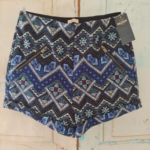 NWT HOLLISTER multi color stretch short w zipper elastic waist/XS/ blue blk wht - Picture 1 of 5